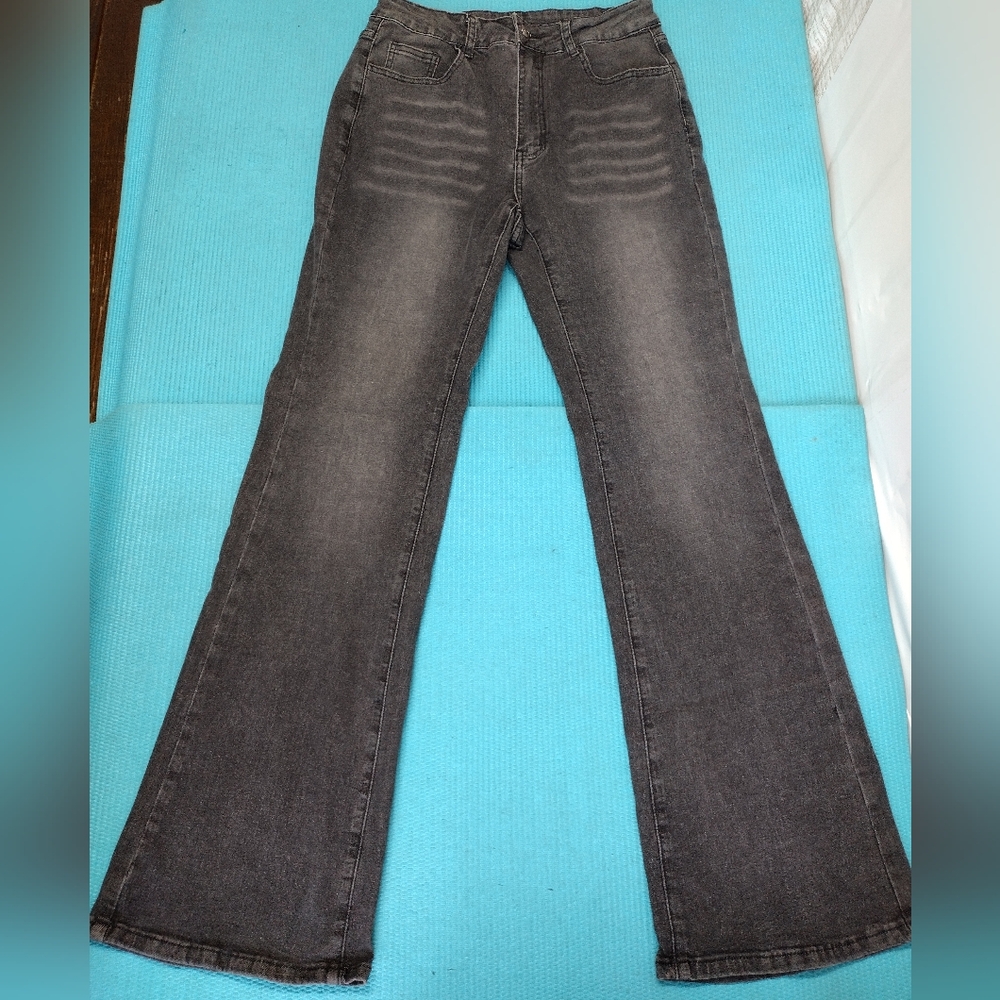 Romwe Womens Flare Gothic Denim Pants High Rise Embroidered Cross L ( 8 / 10)